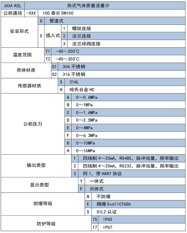 DN65熱式氣體質(zhì)量流量計(jì)選項(xiàng)表